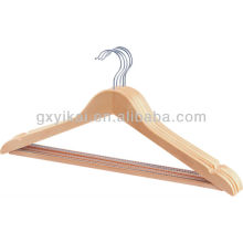 Natural color wooden shirt hangers with notches and anti-slip rubber teeth bar